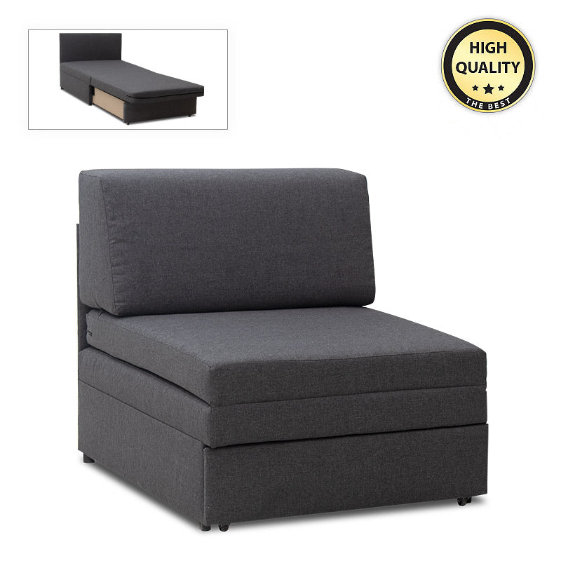 LUCIUS Grey Armchair/Bed with dimensions 85x97x88 cm, featuring a stylish fabric design and foam layer for comfort.