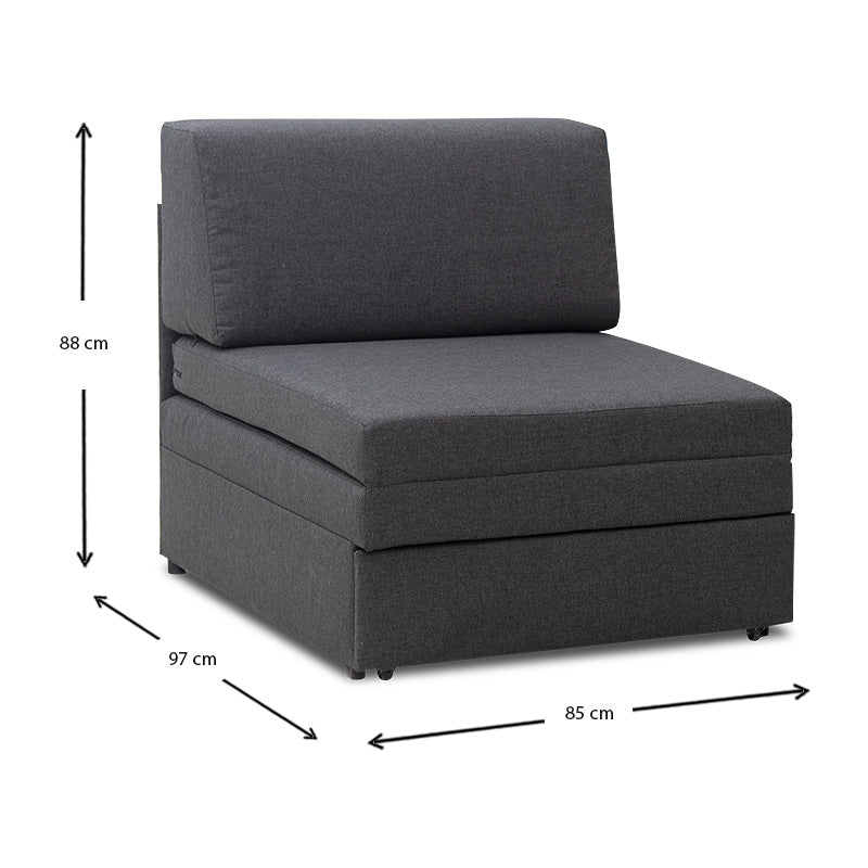 LUCIUS Grey Armchair/Bed with dimensions 85x97x88 cm, featuring a stylish fabric design and foam layer for comfort.