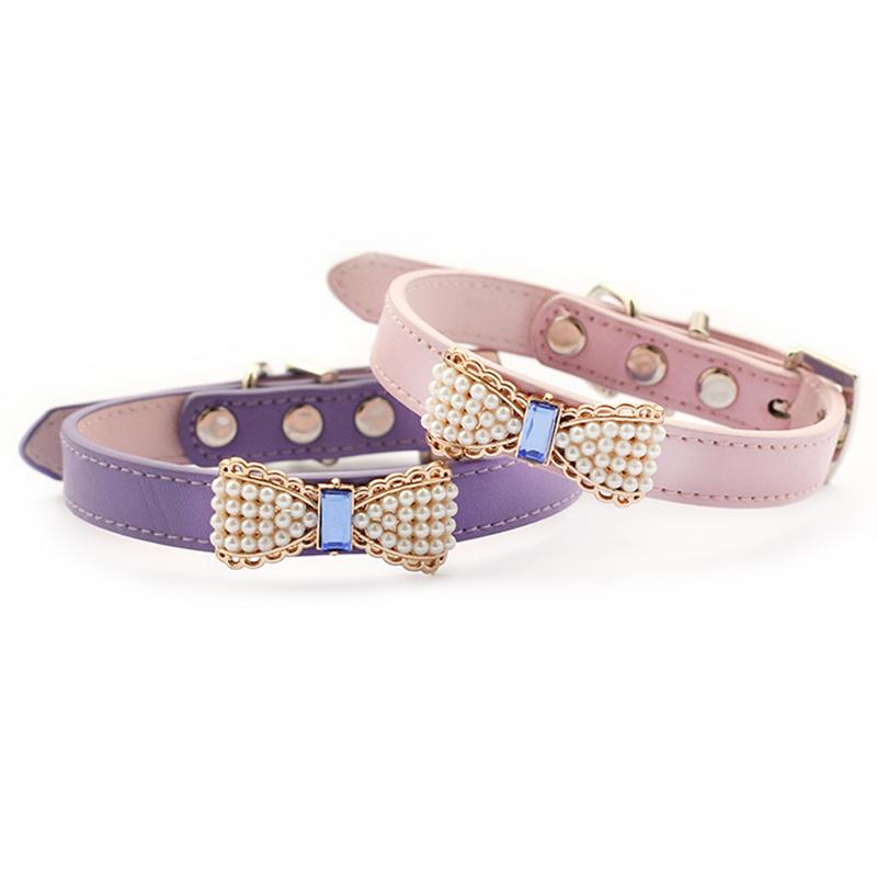 A stylish armipet Pearl Bow Dog Collar in purple and pink, featuring a rhinestone pearl chain, perfect for princess dogs.