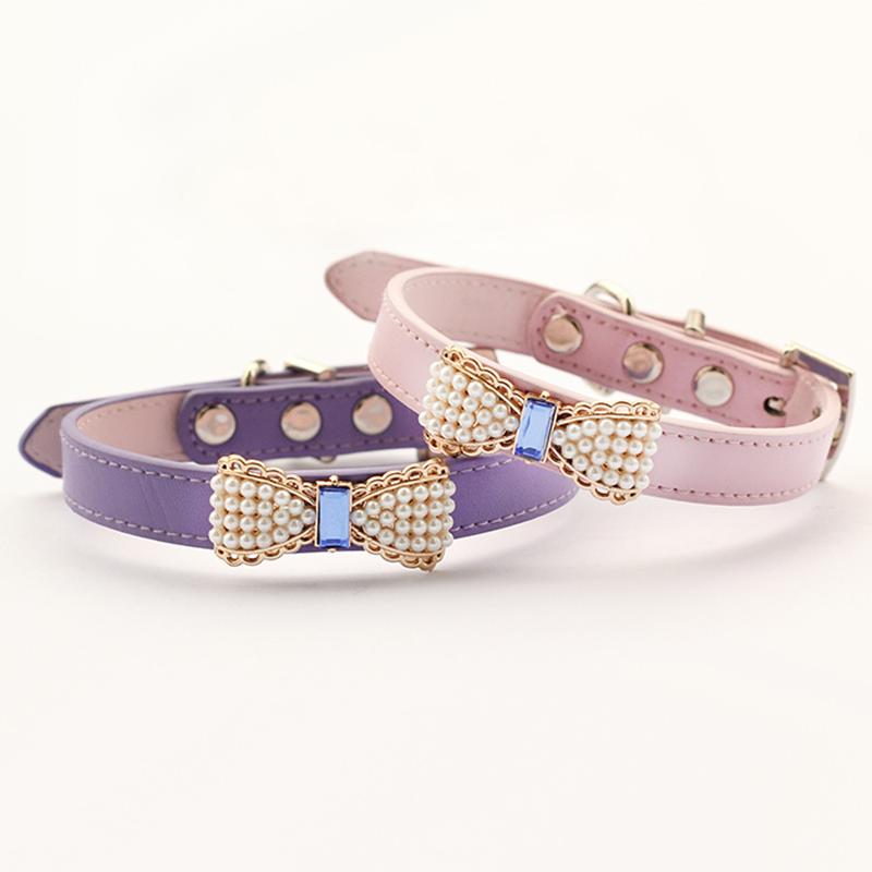 A stylish armipet Pearl Bow Dog Collar in purple and pink, featuring a rhinestone pearl chain, perfect for princess dogs.