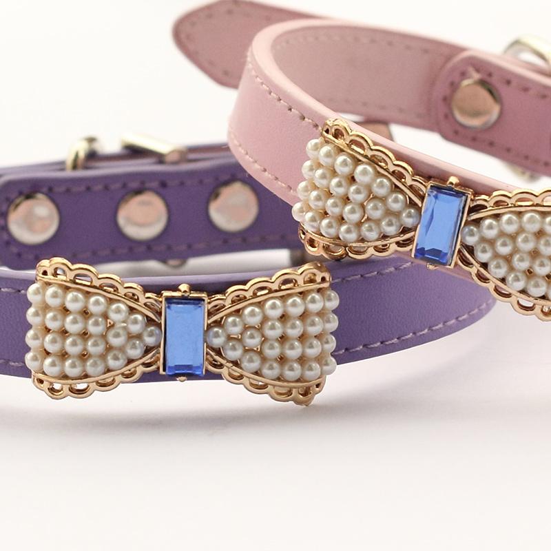 A stylish armipet Pearl Bow Dog Collar in purple and pink, featuring a rhinestone pearl chain, perfect for princess dogs.