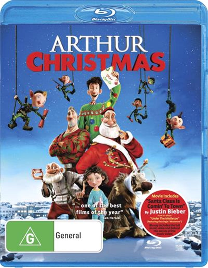 Arthur Christmas Blu-ray cover featuring Santa, Arthur, and elves in a festive scene.