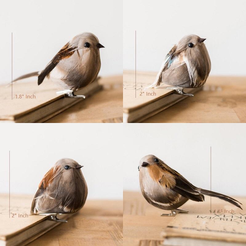 Set of 3 realistic artificial bird ornaments made from natural feathers and mixed materials, showcasing various colors.