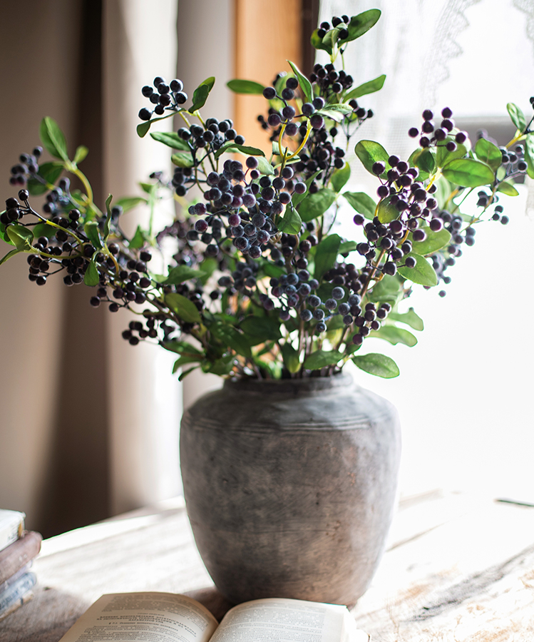 Artificial Blue Snowberry Leaf Stem, 28 inches tall with dark purple berries and green leaves, perfect for home decor.