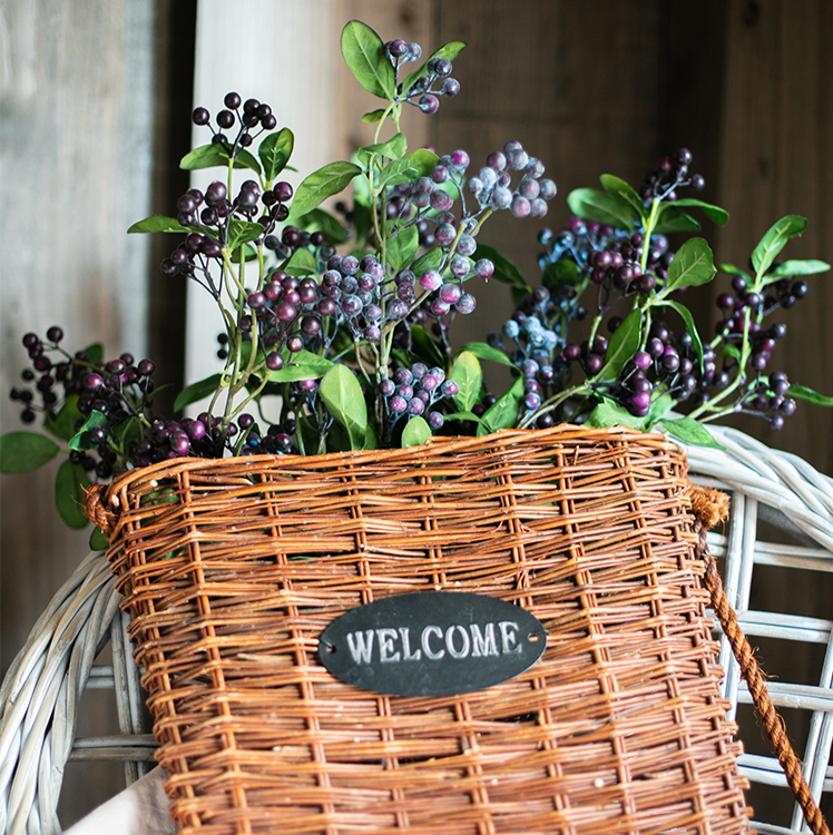 Artificial Blue Snowberry Leaf Stem, 28 inches tall with dark purple berries and green leaves, perfect for home decor.