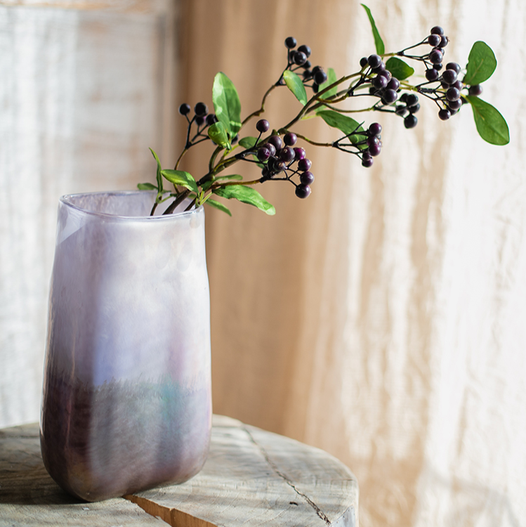 Artificial Blue Snowberry Leaf Stem, 28 inches tall with dark purple berries and green leaves, perfect for home decor.