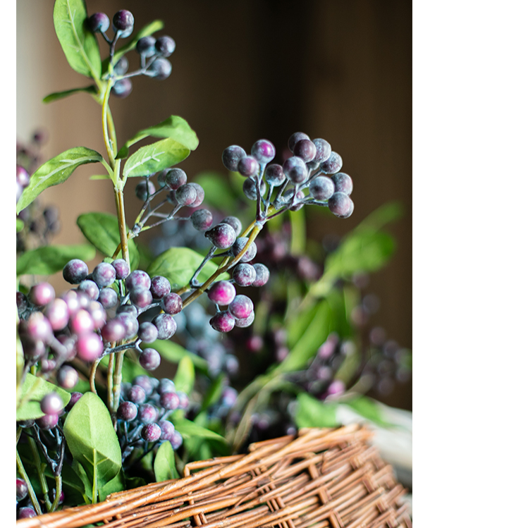 Artificial Blue Snowberry Leaf Stem, 28 inches tall with dark purple berries and green leaves, perfect for home decor.