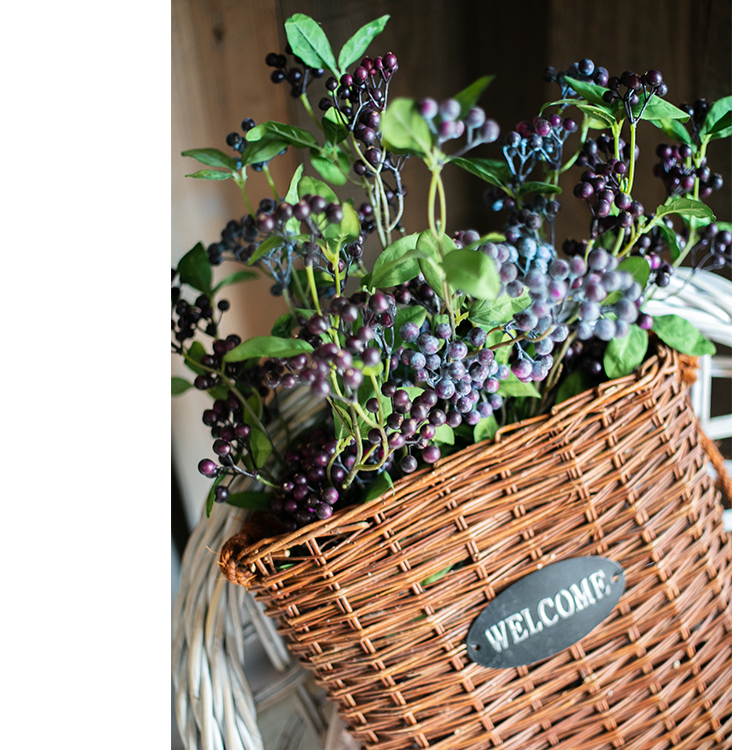 Artificial Blue Snowberry Leaf Stem, 28 inches tall with dark purple berries and green leaves, perfect for home decor.