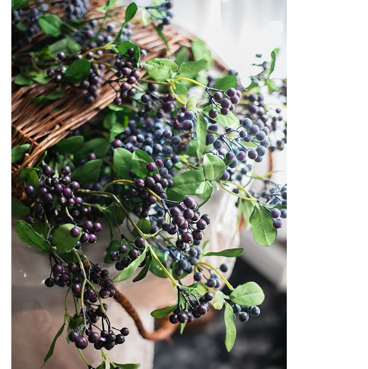 Artificial Blue Snowberry Leaf Stem, 28 inches tall with dark purple berries and green leaves, perfect for home decor.