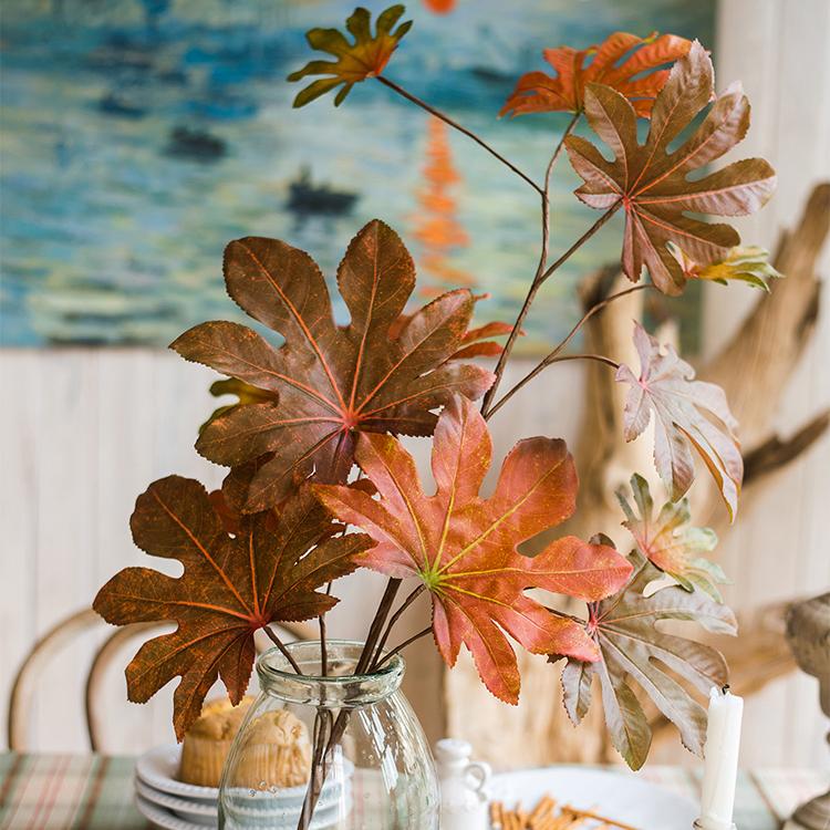 32-inch tall Artificial Fatsia Leaf in vibrant autumn red, showcasing realistic leaves and mixed colors, perfect for home decor.