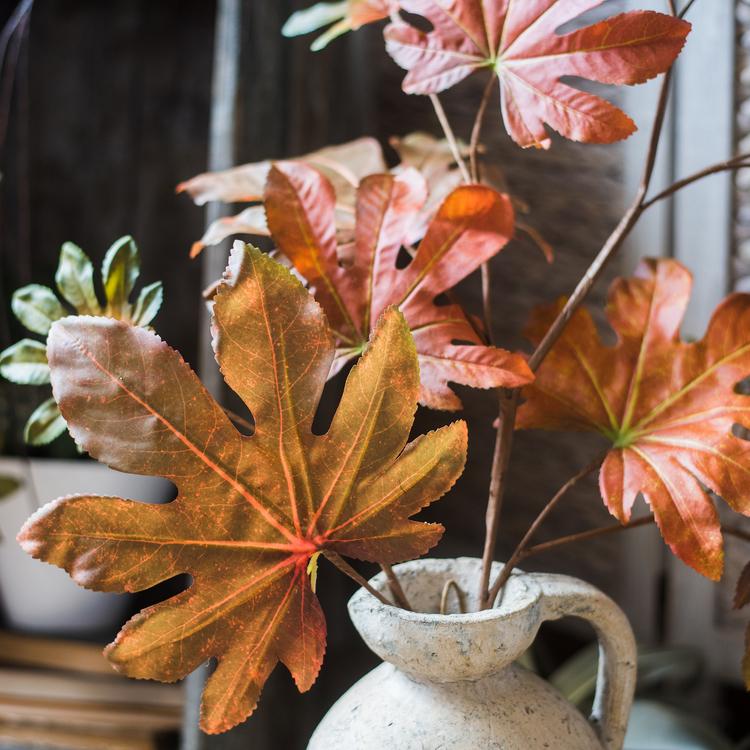 32-inch tall Artificial Fatsia Leaf in vibrant autumn red, showcasing realistic leaves and mixed colors, perfect for home decor.