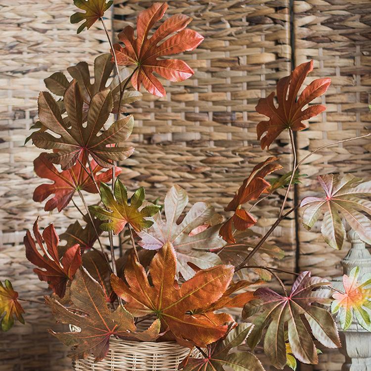 32-inch tall Artificial Fatsia Leaf in vibrant autumn red, showcasing realistic leaves and mixed colors, perfect for home decor.