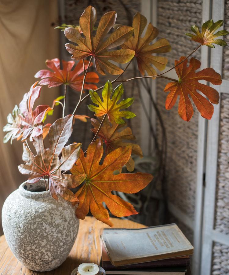 32-inch tall Artificial Fatsia Leaf in vibrant autumn red, showcasing realistic leaves and mixed colors, perfect for home decor.