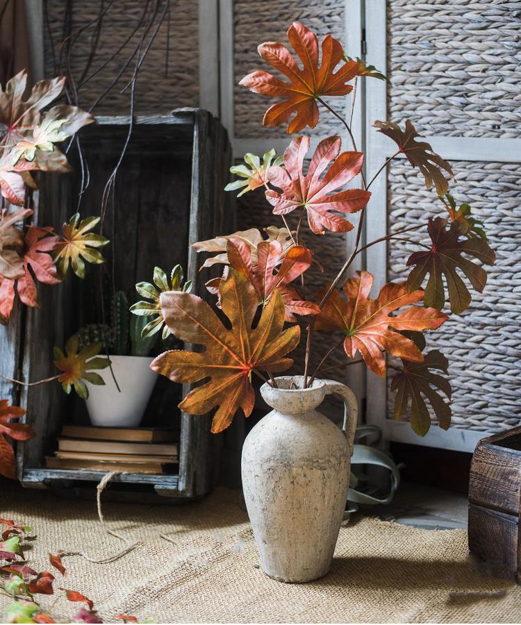 32-inch tall Artificial Fatsia Leaf in vibrant autumn red, showcasing realistic leaves and mixed colors, perfect for home decor.