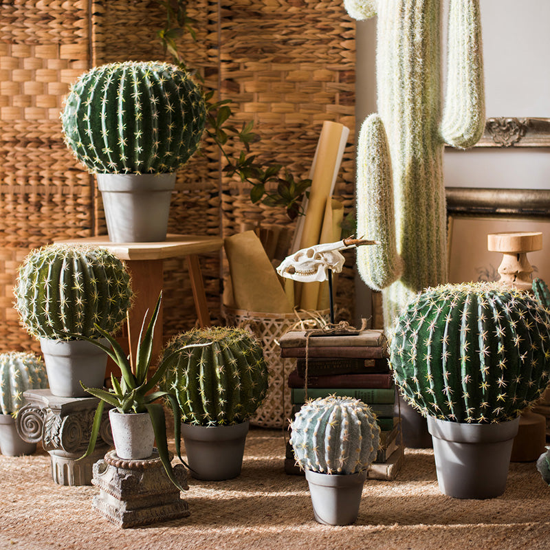 Artificial Faux Cactus Ball in a light gray pot, showcasing vibrant green colors and realistic texture.