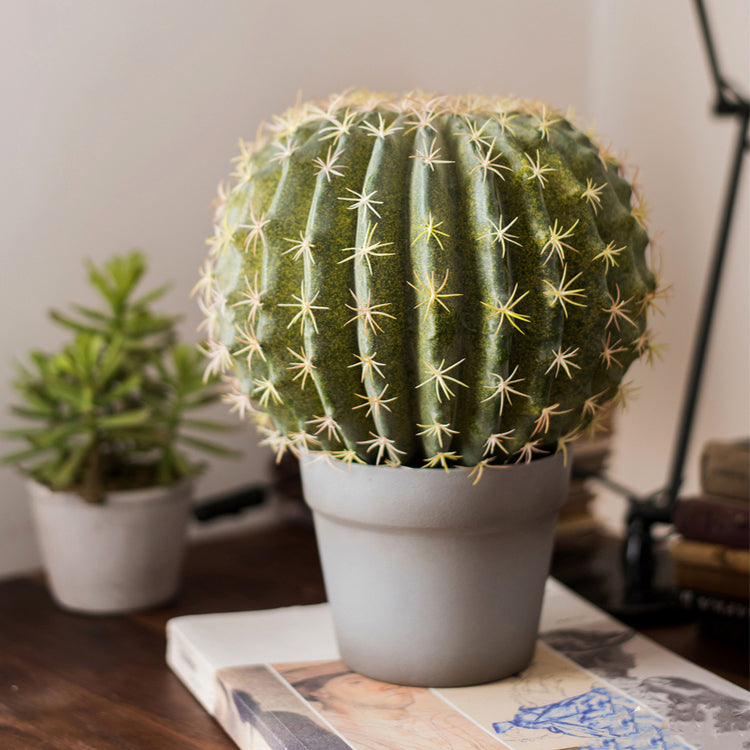 Artificial Faux Cactus Ball in a light gray pot, showcasing vibrant green colors and realistic texture.