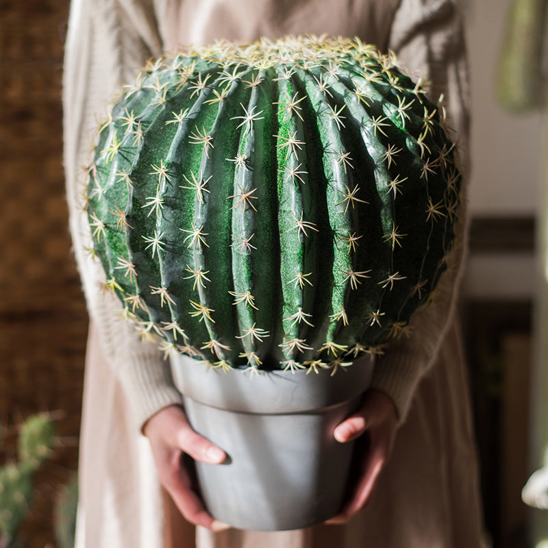 Artificial Faux Cactus Ball in a light gray pot, showcasing vibrant green colors and realistic texture.