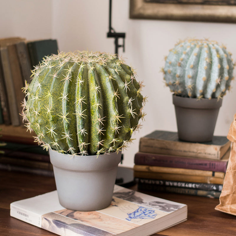 Artificial Faux Cactus Ball in a light gray pot, showcasing vibrant green colors and realistic texture.