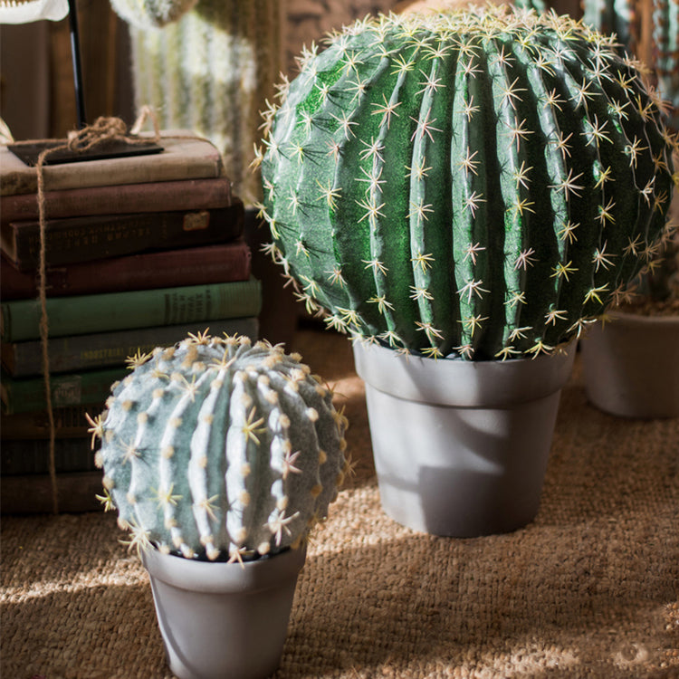 Artificial Faux Cactus Ball in a light gray pot, showcasing vibrant green colors and realistic texture.