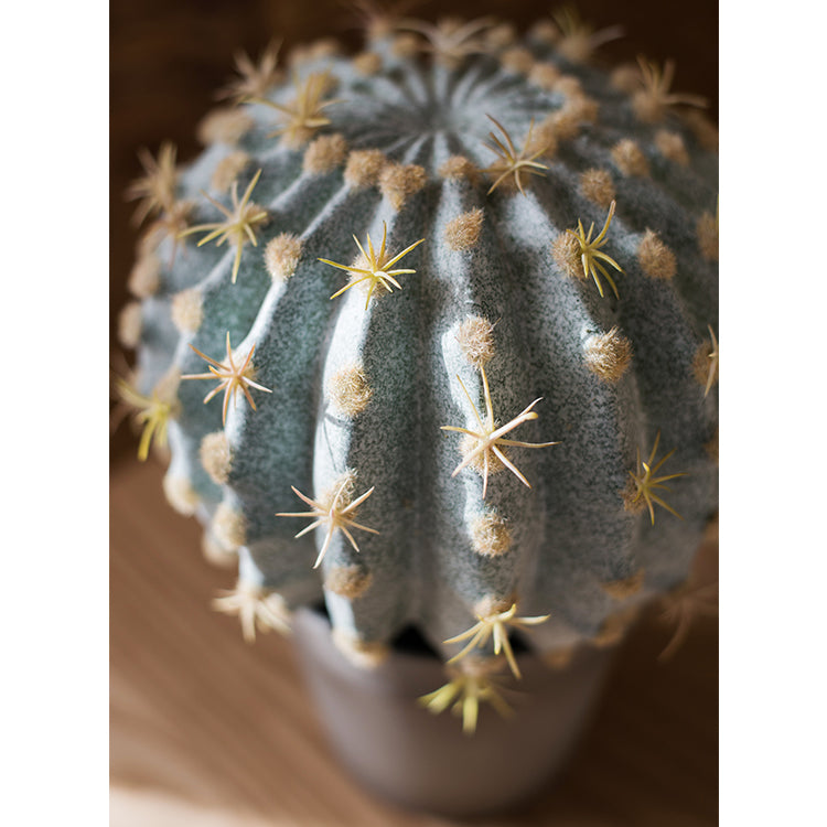 Artificial Faux Cactus Ball in a light gray pot, showcasing vibrant green colors and realistic texture.