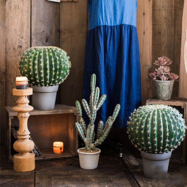 Artificial Faux Cactus Ball in a light gray pot, showcasing vibrant green colors and realistic texture.