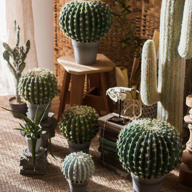 Artificial Faux Cactus Ball in a light gray pot, showcasing vibrant green colors and realistic texture.