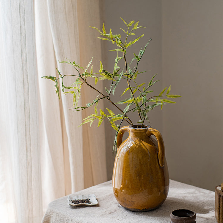 Artificial Faux Forked Fern Stem in vibrant green color, showcasing realistic leaves and available in two sizes.