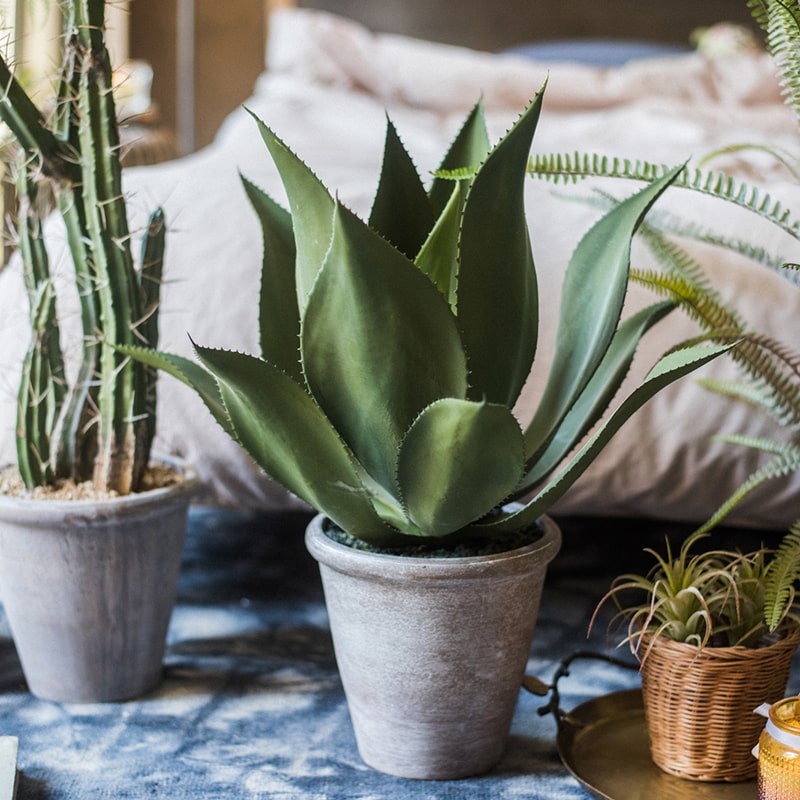 A large, realistic artificial agave plant in a gray pot, measuring 22.8 inches tall, showcasing vibrant green leaves.