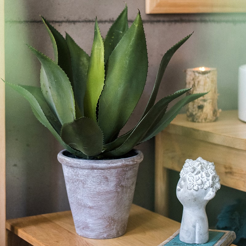 A large, realistic artificial agave plant in a gray pot, measuring 22.8 inches tall, showcasing vibrant green leaves.