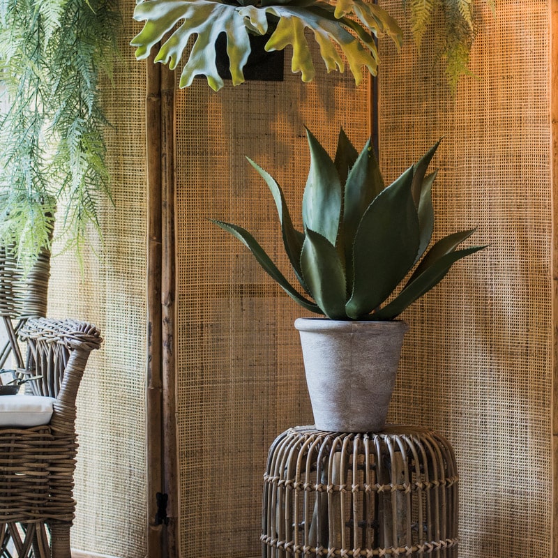 A large, realistic artificial agave plant in a gray pot, measuring 22.8 inches tall, showcasing vibrant green leaves.