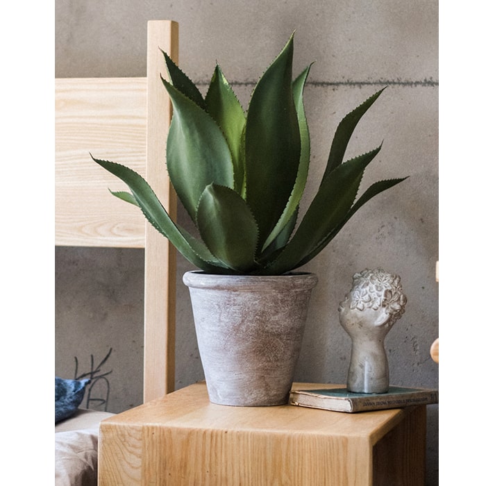 A large, realistic artificial agave plant in a gray pot, measuring 22.8 inches tall, showcasing vibrant green leaves.