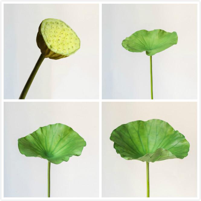 Artificial faux plant featuring lotus seed pods and large green leaves, available in various sizes for decorative arrangements.