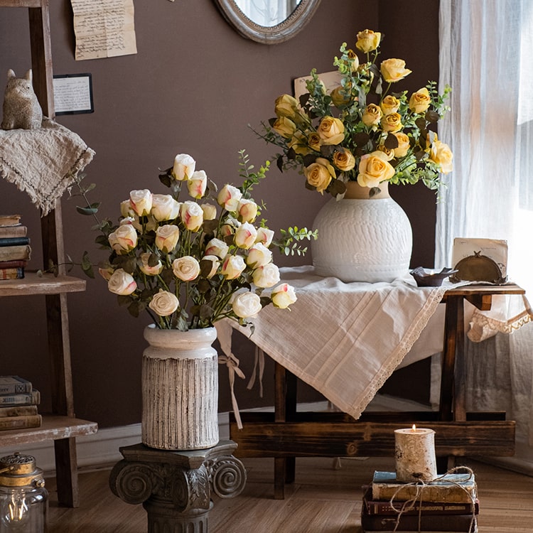 A tall 23-inch artificial faux silk dry rose stem in white and yellow, featuring five realistic blooms and a sturdy stem, perfect for home decor.