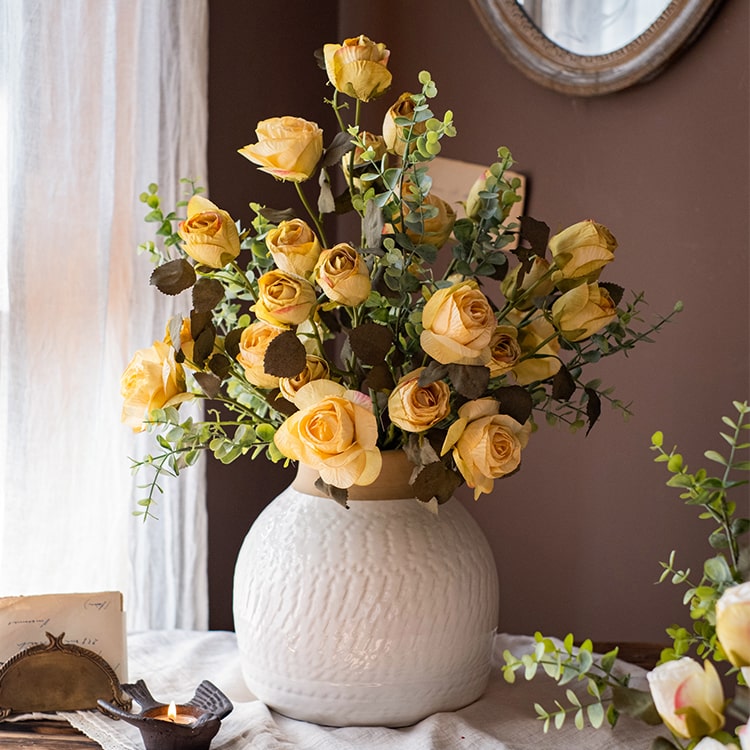 A tall 23-inch artificial faux silk dry rose stem in white and yellow, featuring five realistic blooms and a sturdy stem, perfect for home decor.