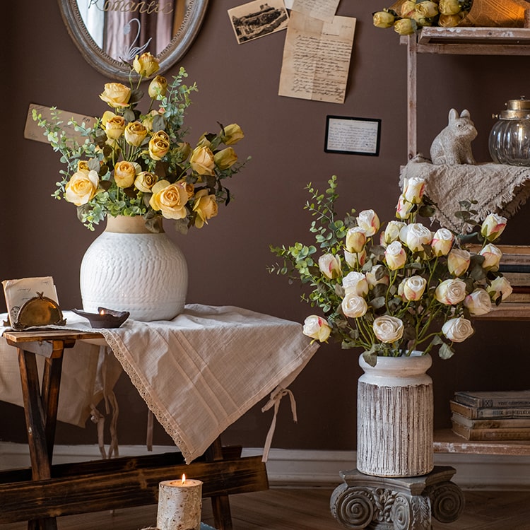 A tall 23-inch artificial faux silk dry rose stem in white and yellow, featuring five realistic blooms and a sturdy stem, perfect for home decor.