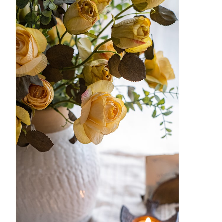 A tall 23-inch artificial faux silk dry rose stem in white and yellow, featuring five realistic blooms and a sturdy stem, perfect for home decor.