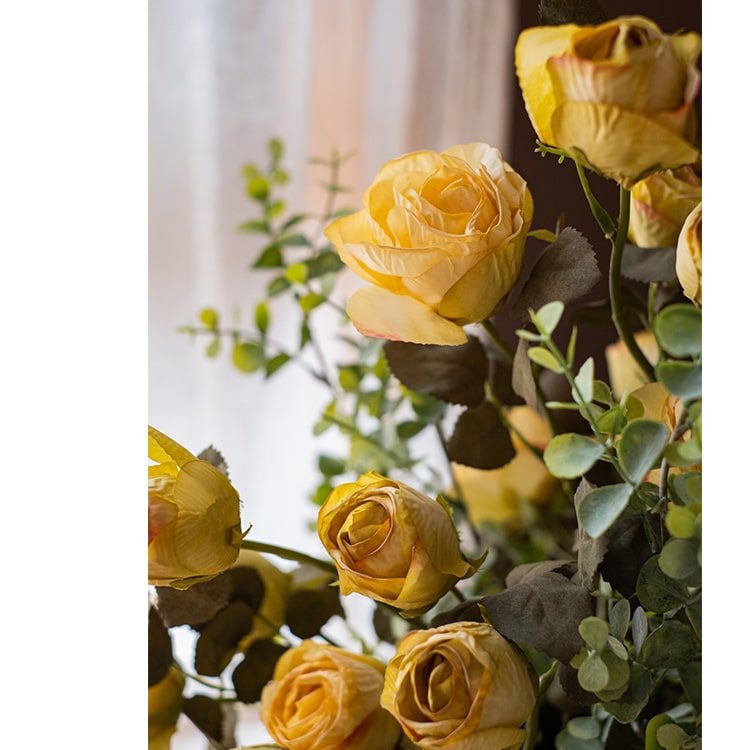 A tall 23-inch artificial faux silk dry rose stem in white and yellow, featuring five realistic blooms and a sturdy stem, perfect for home decor.