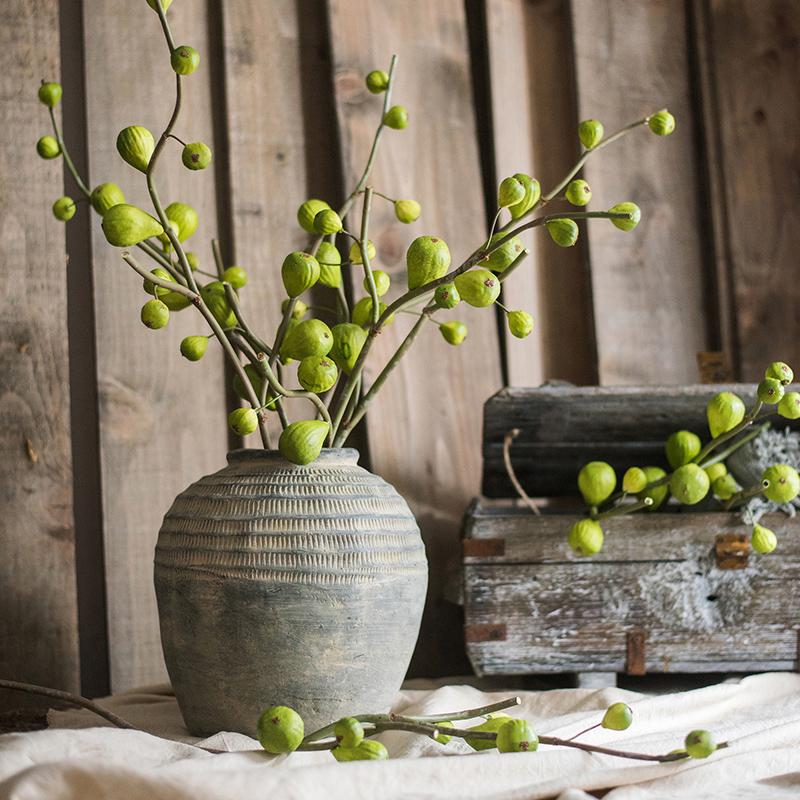 30-inch tall artificial fig fruit stem with 10 realistic figs, featuring a frosted green color, perfect for home decor.