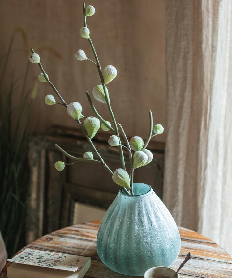 30-inch tall artificial fig fruit stem with 10 realistic figs, featuring a frosted green color, perfect for home decor.