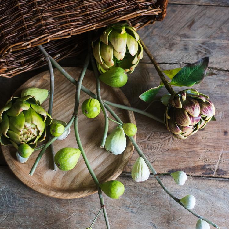 30-inch tall artificial fig fruit stem with 10 realistic figs, featuring a frosted green color, perfect for home decor.