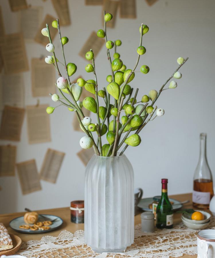 30-inch tall artificial fig fruit stem with 10 realistic figs, featuring a frosted green color, perfect for home decor.