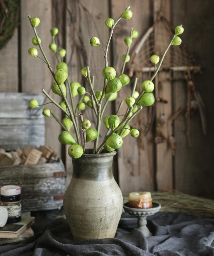 30-inch tall artificial fig fruit stem with 10 realistic figs, featuring a frosted green color, perfect for home decor.