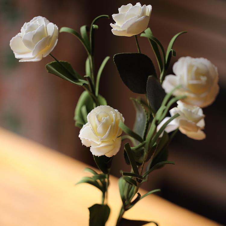 Artificial Eco PE Camellia Bloom Stem Set in white, featuring five delicate blooms on a 16-inch tall stem, perfect for decorative arrangements.