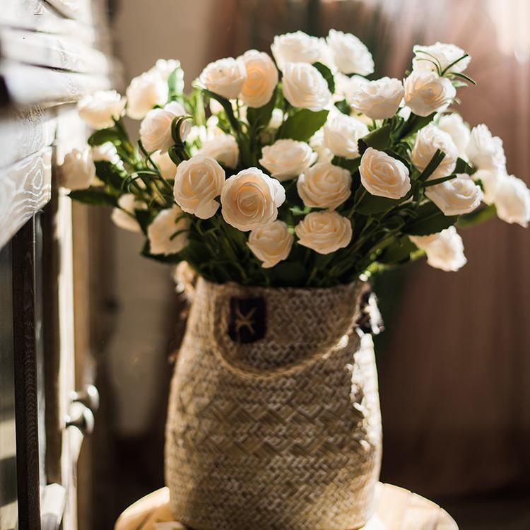 Artificial Eco PE Camellia Bloom Stem Set in white, featuring five delicate blooms on a 16-inch tall stem, perfect for decorative arrangements.