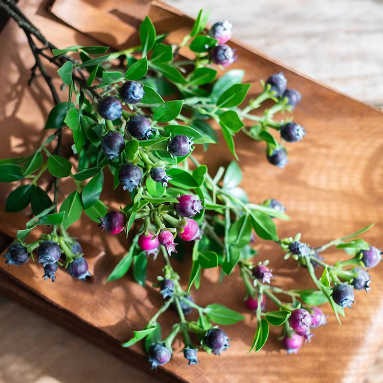 A tall 22.4-inch artificial blueberry stem featuring vibrant blue berries and lush green leaves, perfect for home decor.