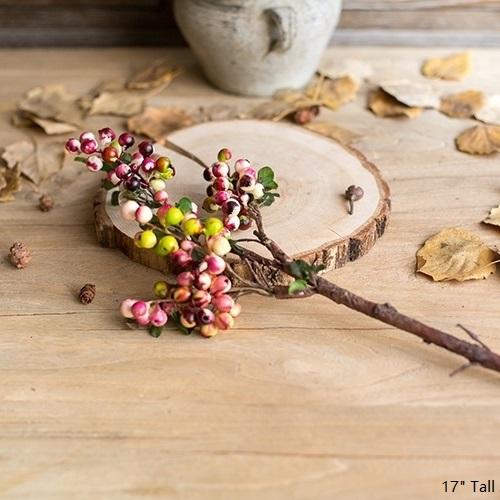 A vibrant artificial berry stem featuring yellow and red berries, standing 17 inches tall, perfect for home decor.