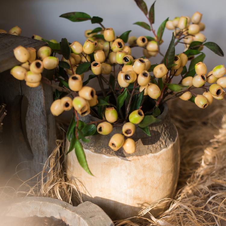 15-inch tall artificial loquat fruit stem in yellow, featuring realistic silk leaves and vibrant fruit, perfect for home decor.