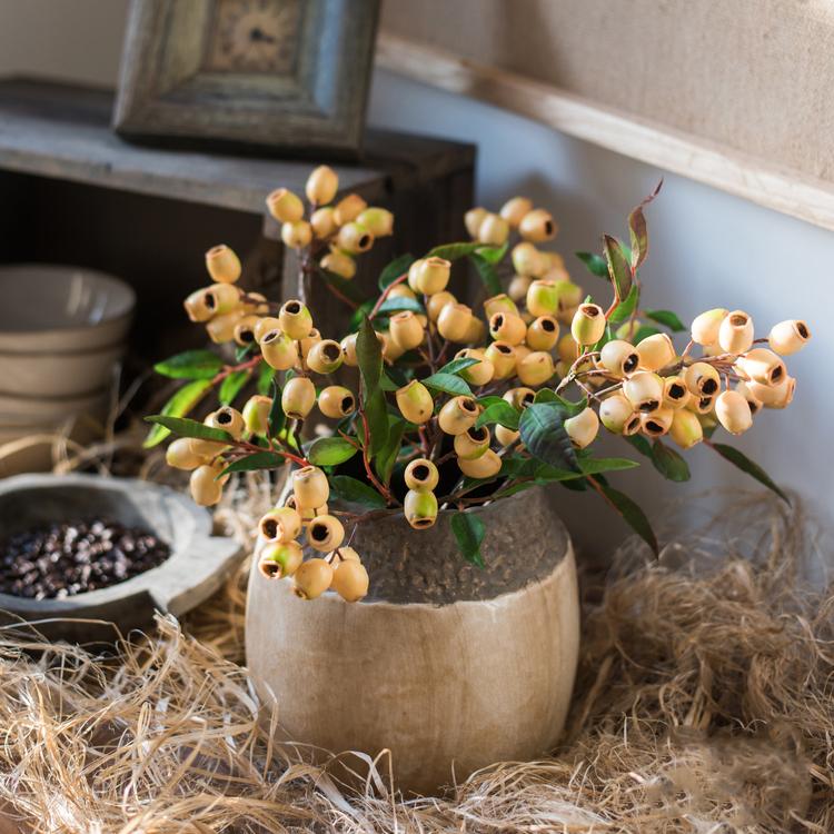 15-inch tall artificial loquat fruit stem in yellow, featuring realistic silk leaves and vibrant fruit, perfect for home decor.