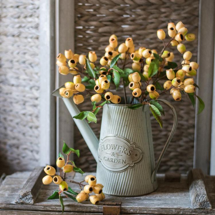 15-inch tall artificial loquat fruit stem in yellow, featuring realistic silk leaves and vibrant fruit, perfect for home decor.