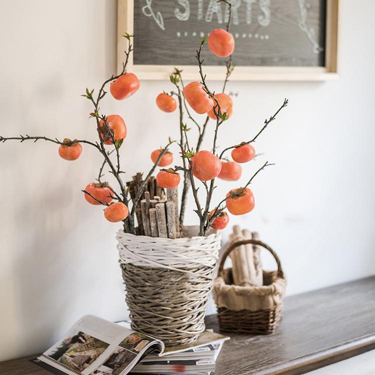 A 43-inch tall artificial fruit stem featuring six vibrant orange persimmons, perfect for home decor.